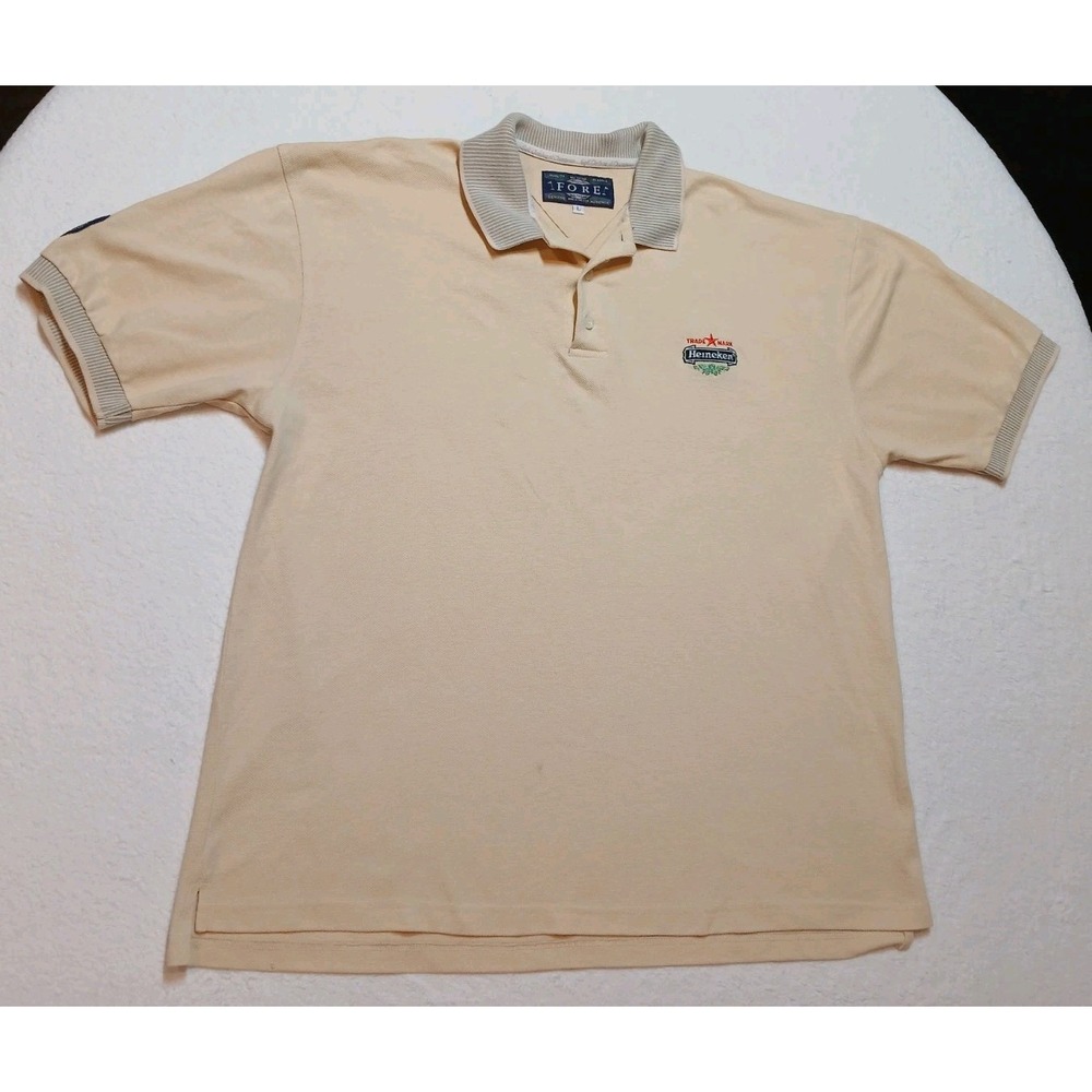 VTG 90s Fore Heineken Beer Polo Shirt Mens L Cream Cotton Golf Corporate USA